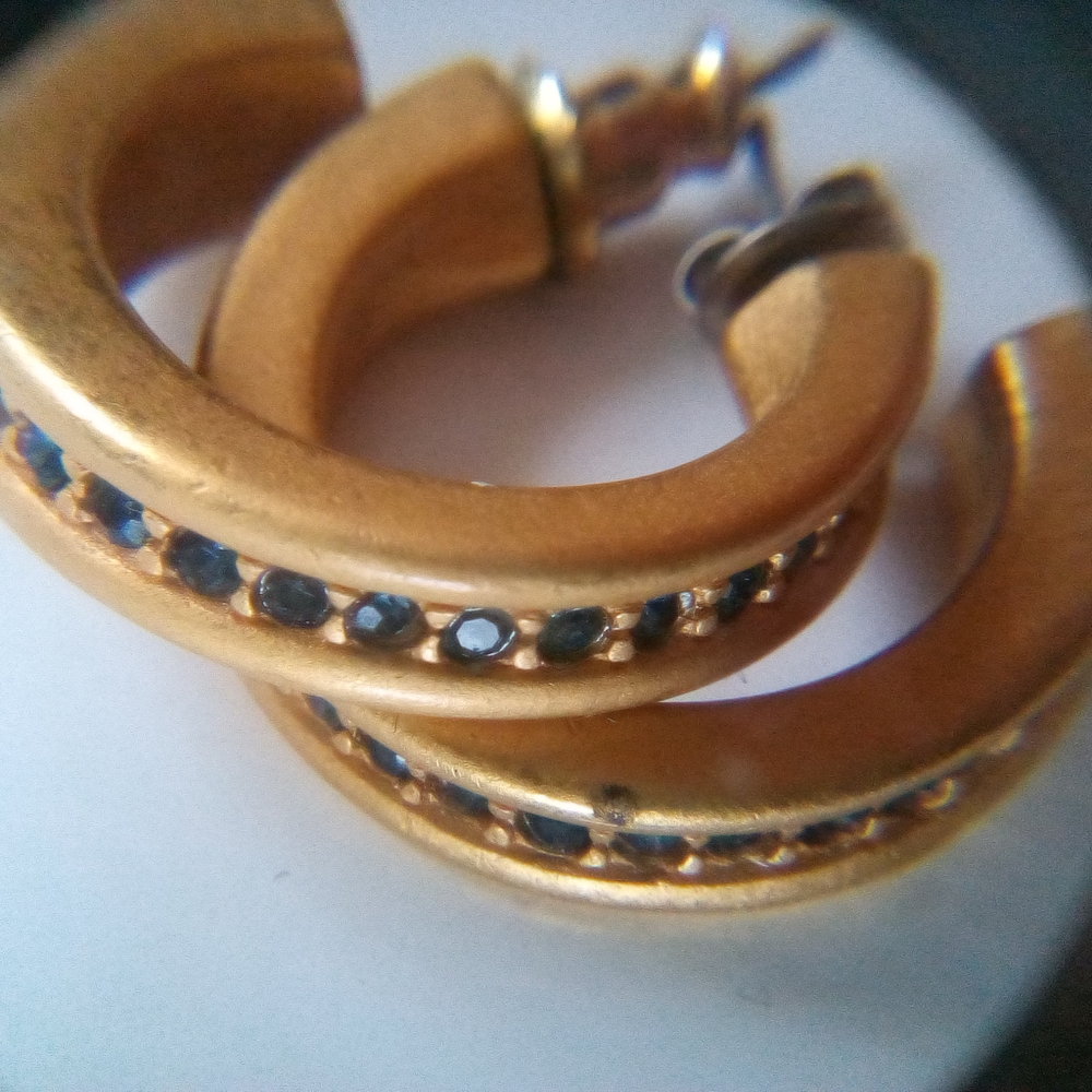 Vintage Napier Gold Hoop Earrings with Dark Blue Rhinestones Accents